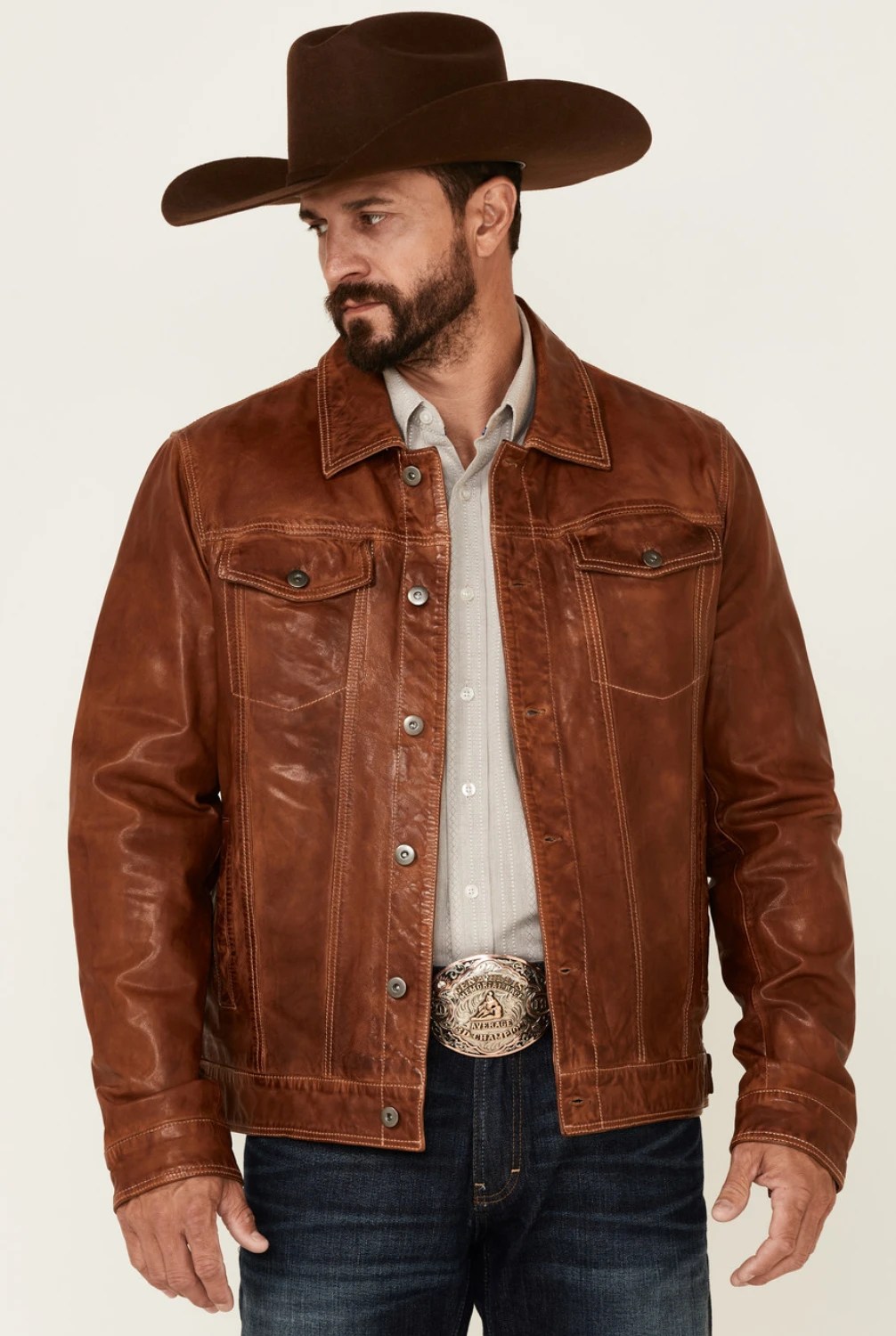 Mens-Tan-Leather-Trucker-Jacket-Front-Yellowstone-Tv-Jackets